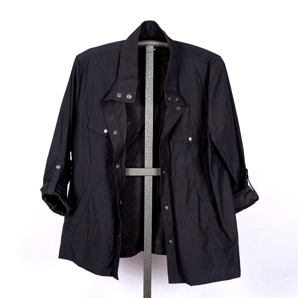 Garnet Hill Utility Chore Jacket LARGE Roll Tab Snap Closure Dark Gray Belted
